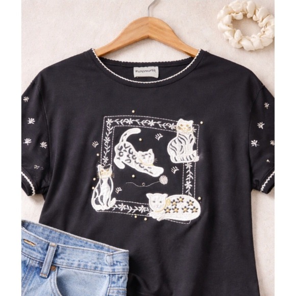 Tops - Vintage Cat Applique Shirt BonWorth Petite M Black Kitty Embroidered Beaded Top